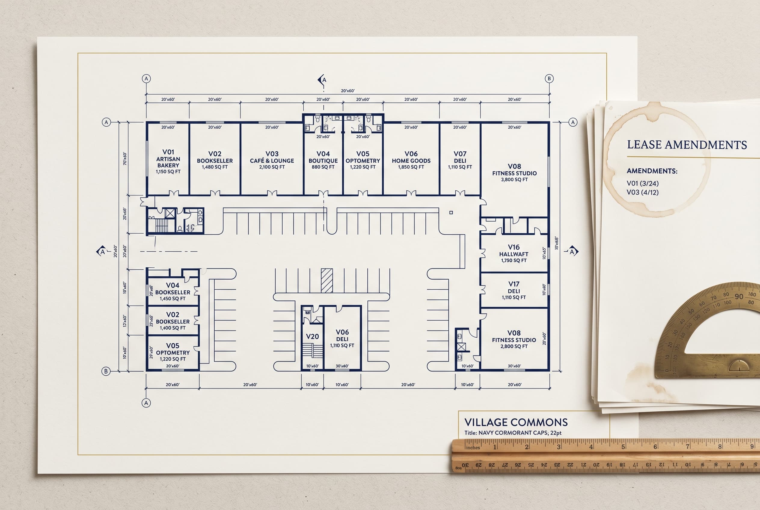 CRE asset managers — architectural blueprint of retail tenants