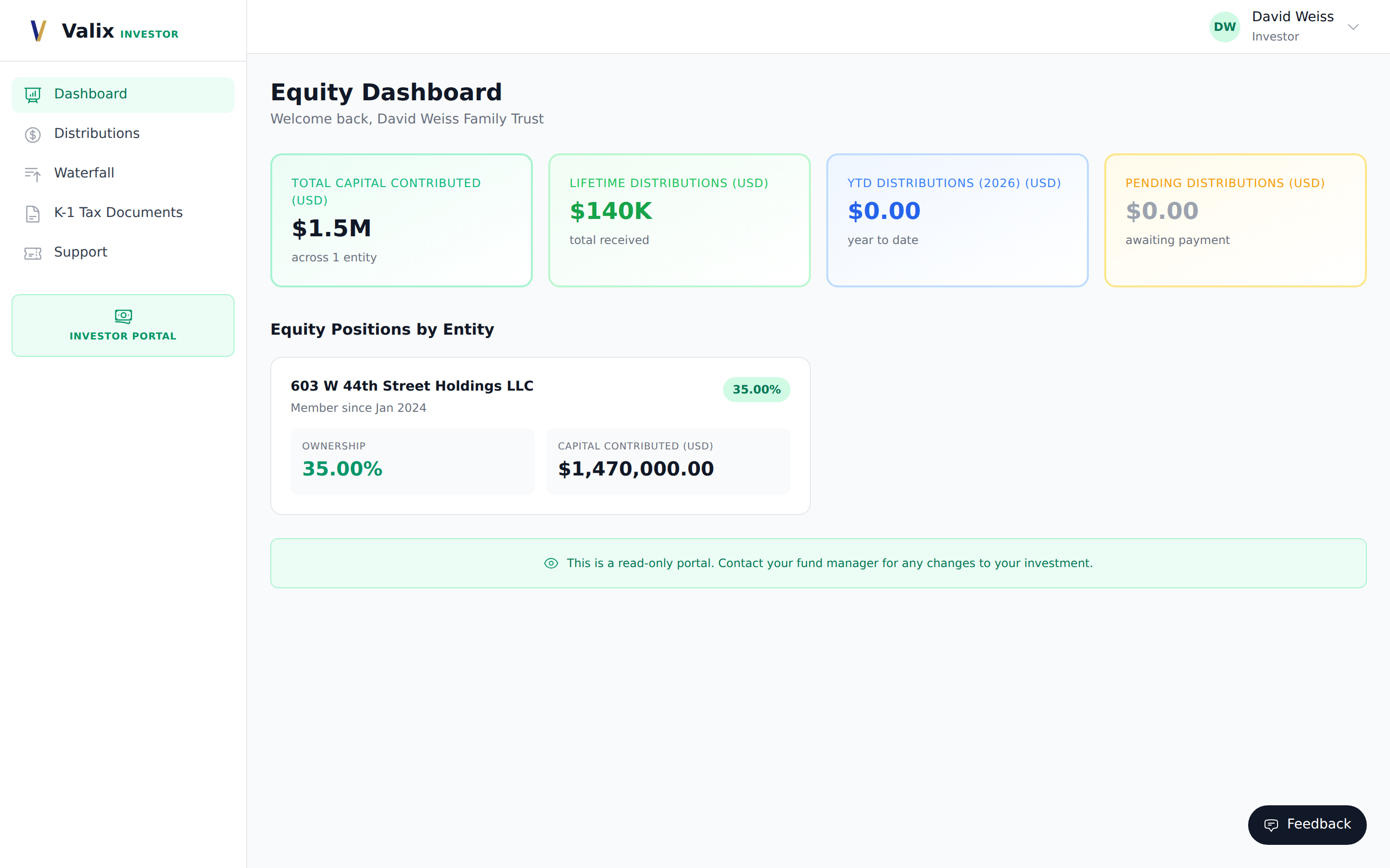 LP investor portal — dashboard with position summary, distributions, and K-1 status
